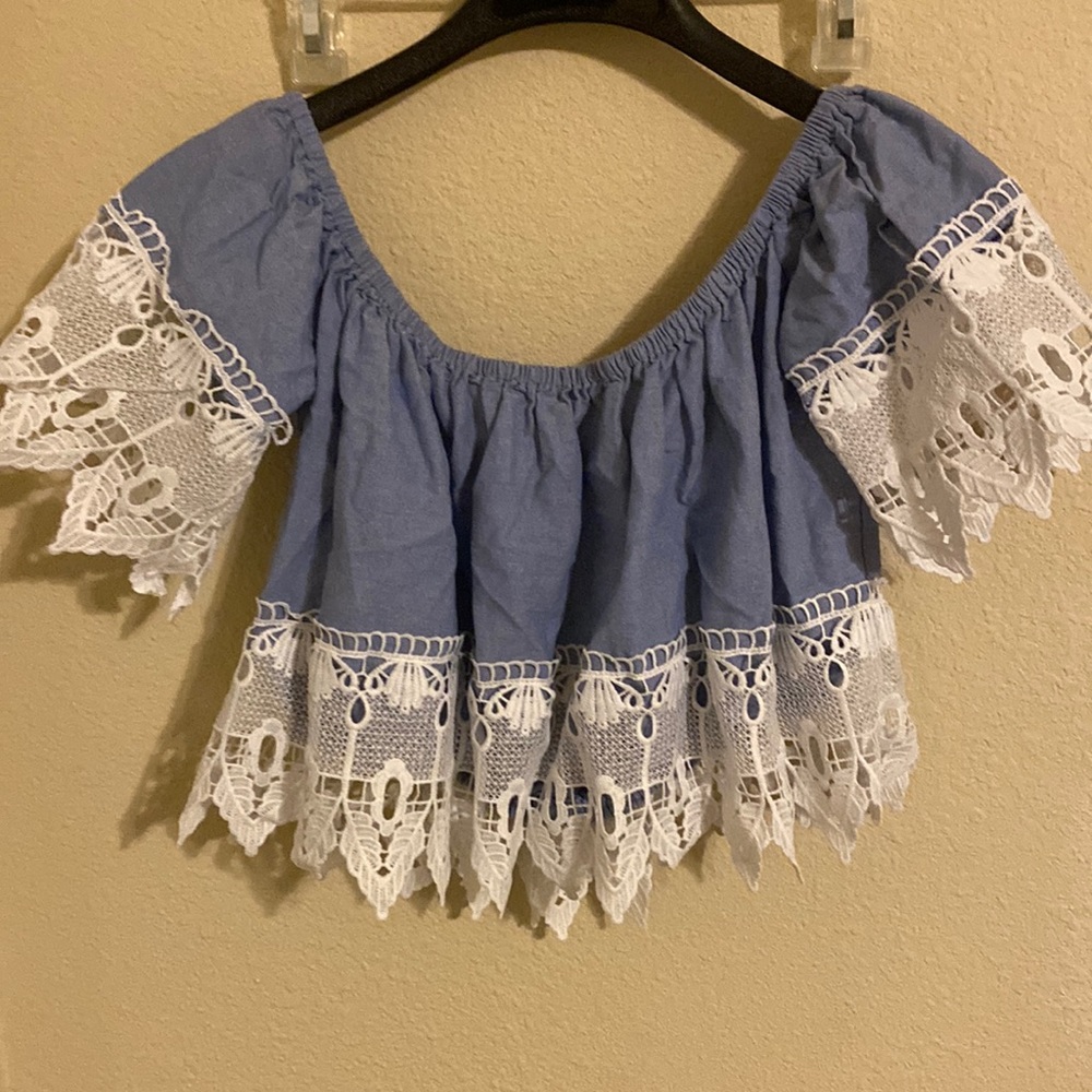 Blue off shoulder lace crop top